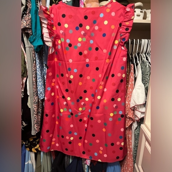 SHEIN Pink with Rainbow Polka Dots Ruffle Sleeve Dress Teacher Bright Colorful - Picture 3 of 11